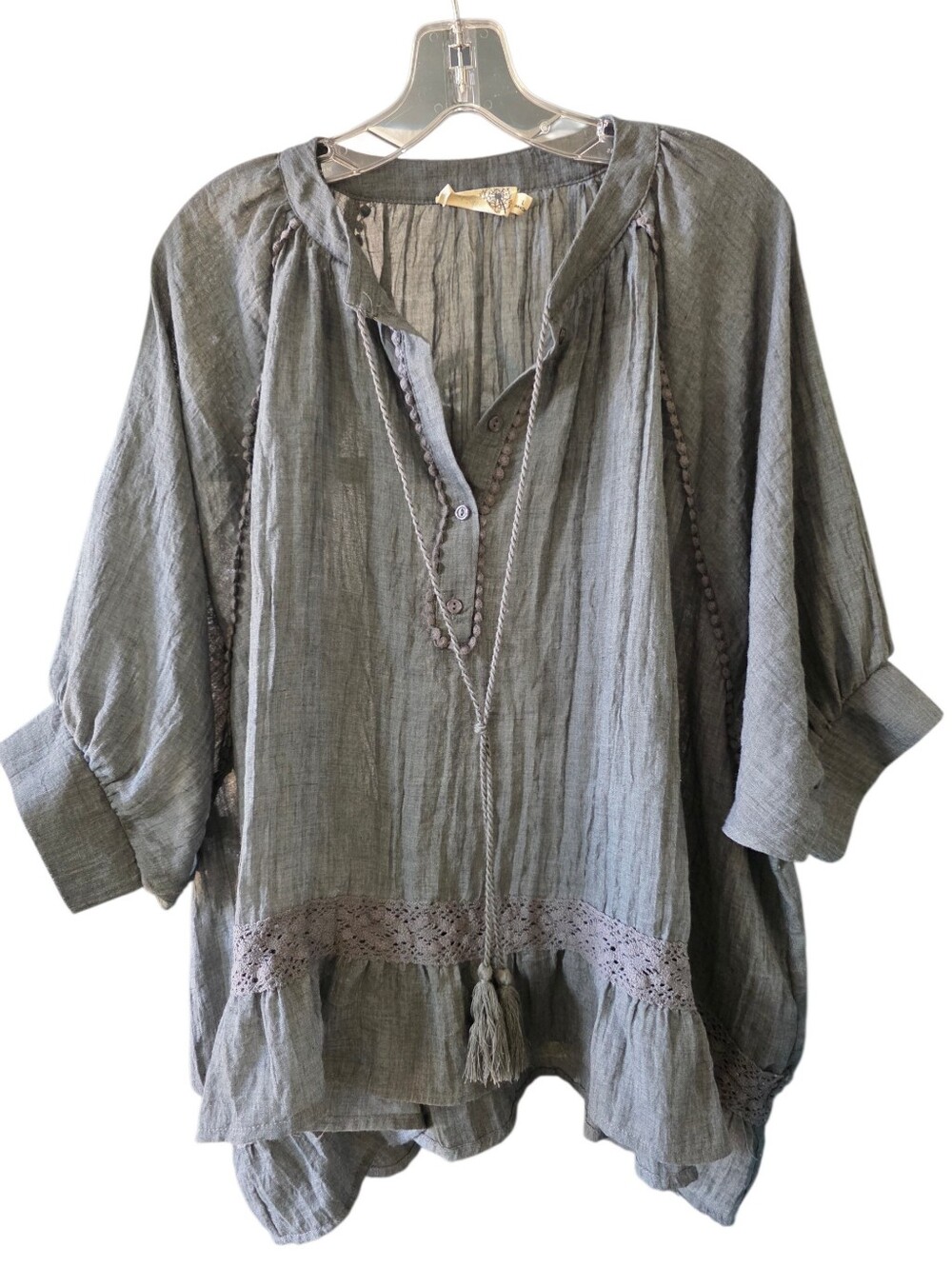 everleigh Oversized Peasant Tunic with Tassel Ties In Gray Size Large